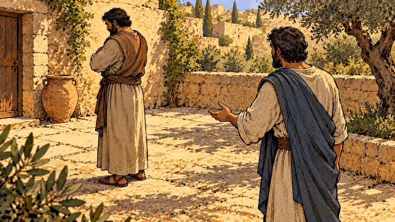 A man turns away with folded arms while another reaches toward him from several steps away.
