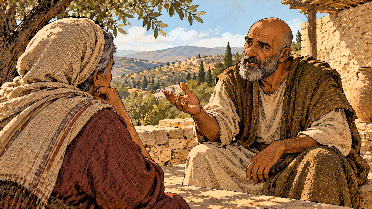 A bald man speaks with an open palm while an older woman listens from the foreground.