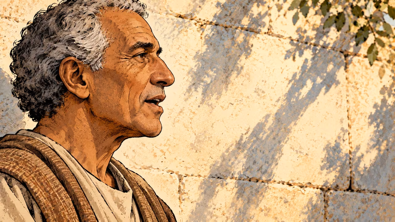 An elderly clean-shaven man speaks in close right-facing profile against a plain wall.