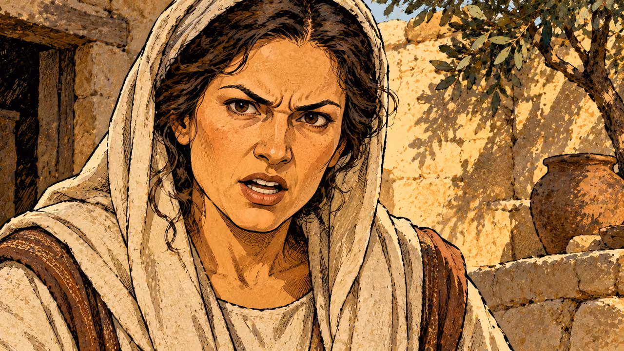 A woman speaks with furrowed brows in a close frontal view.
