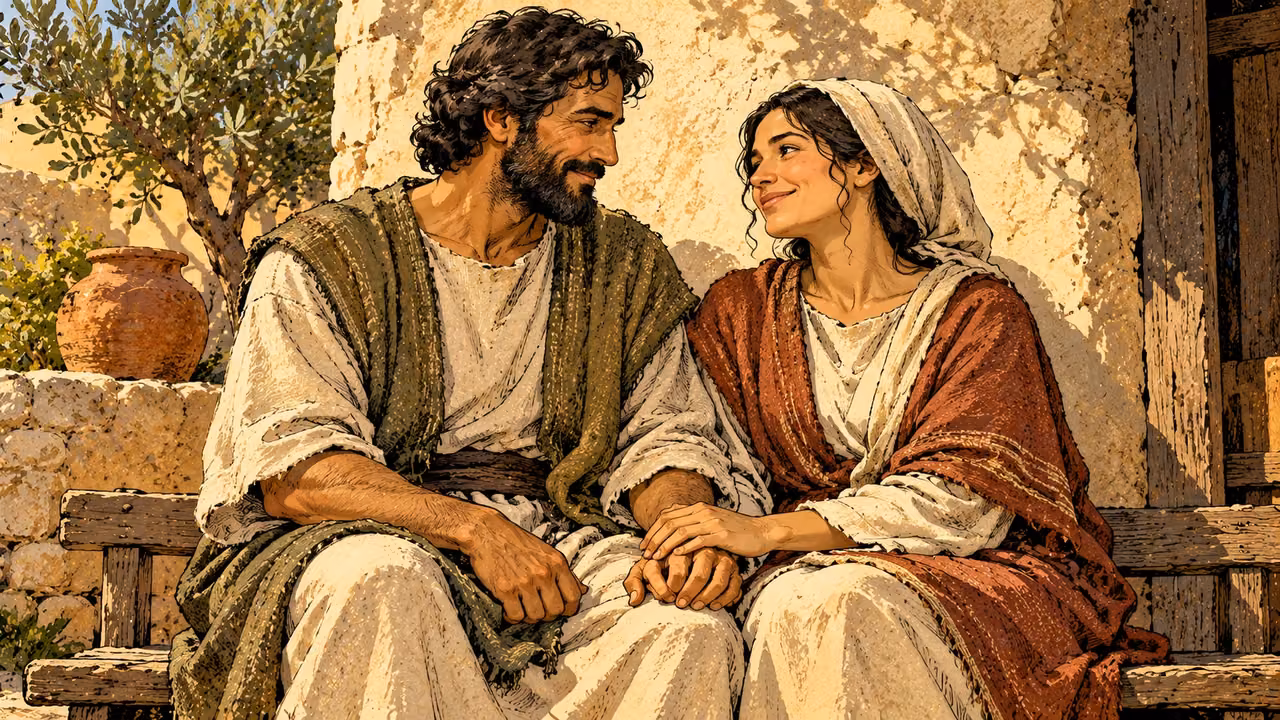 A husband and wife sit close together, smiling at one another with their hands resting together.