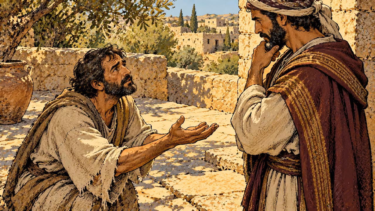 A plainly dressed man pleads with open palms before a finely clothed man who listens stiffly.
