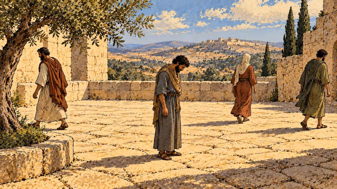 Three adults turn in different directions around a downcast man standing apart in a courtyard.