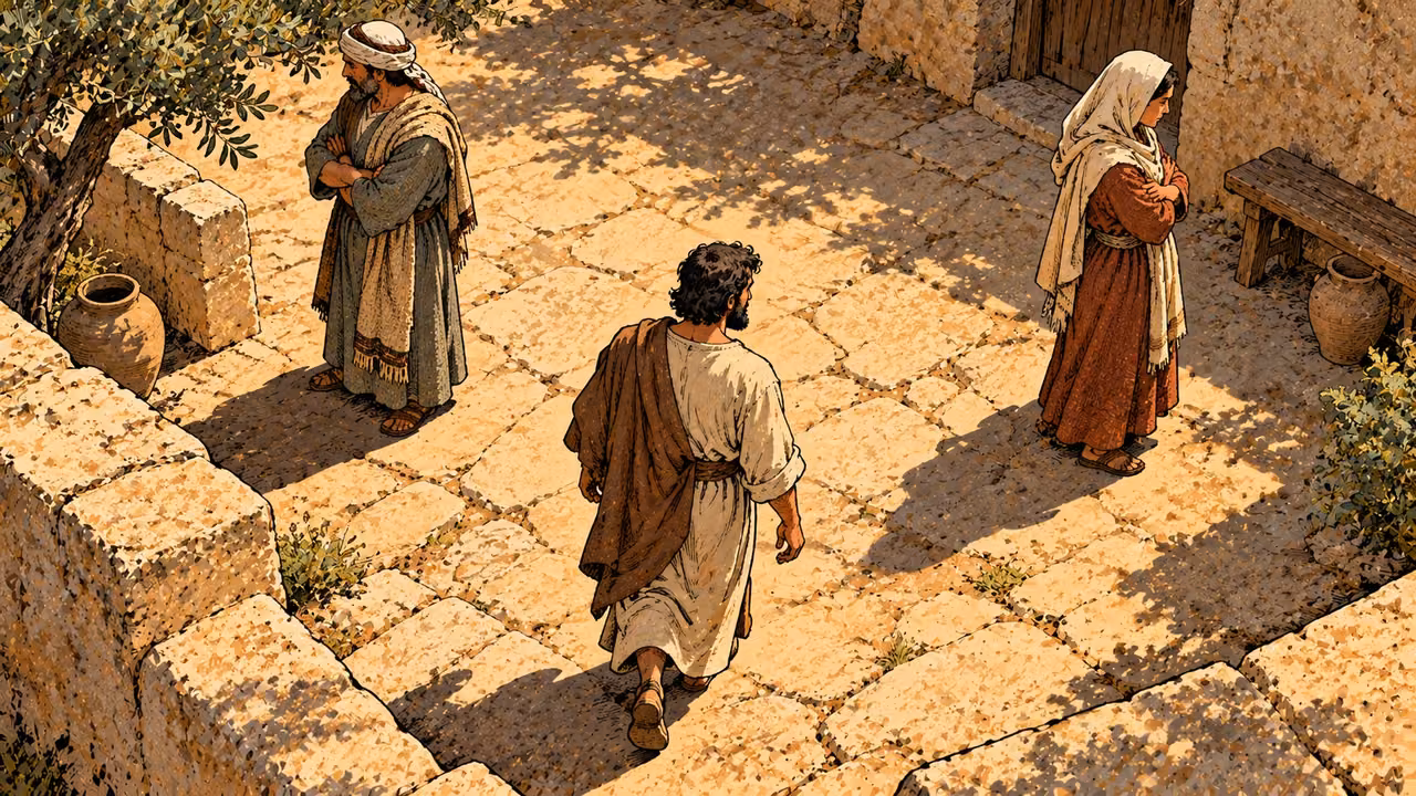 A man enters a courtyard while two adults stand apart with folded arms and turned faces.