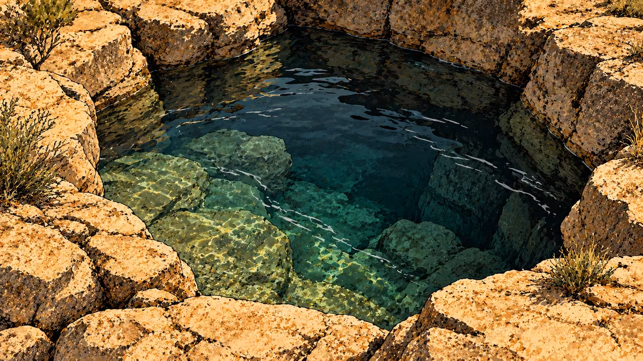 Clear water along a rocky rim descends into the dark center of a deep pool.