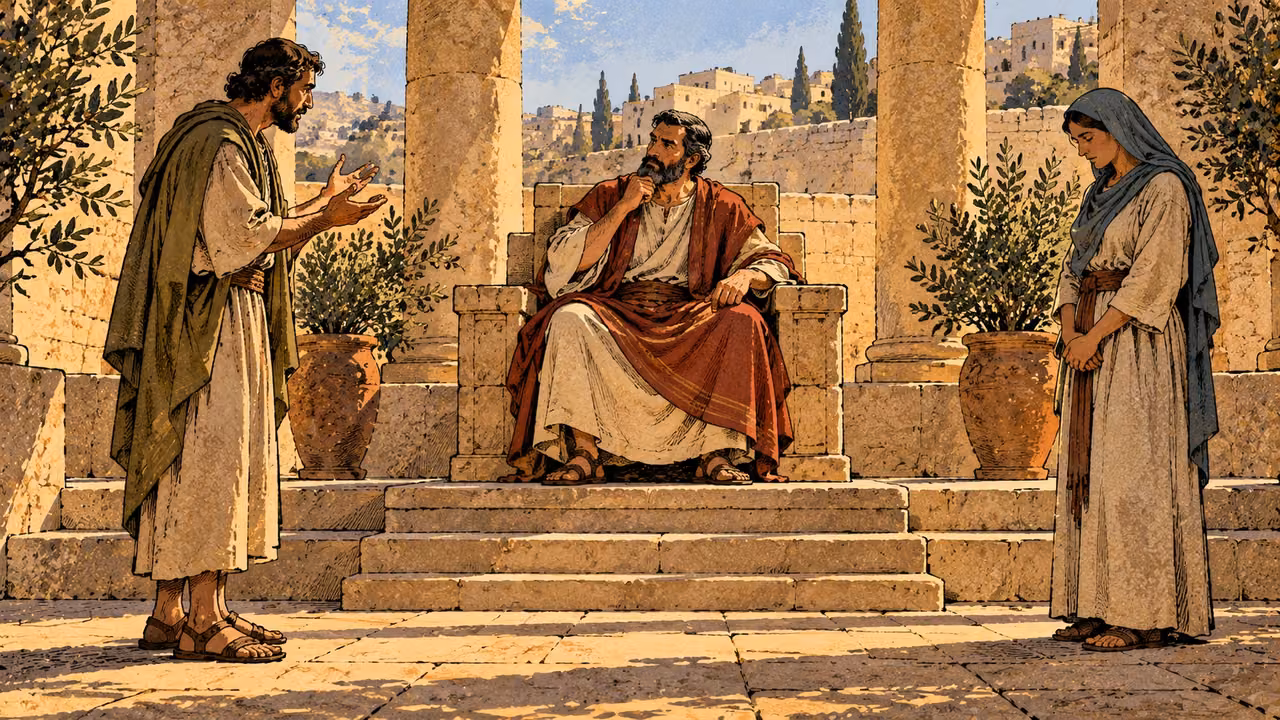 A seated arbiter listens to a speaking man while a woman waits apart with lowered hands.