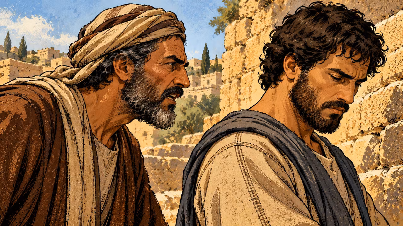 An older man speaks tensely beside a younger adult who turns his eyes down and away.