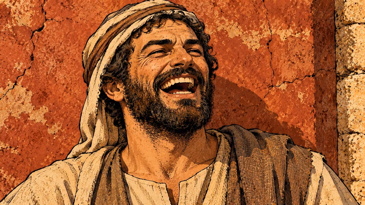A man laughs with his mouth wide open against a red plaster wall.