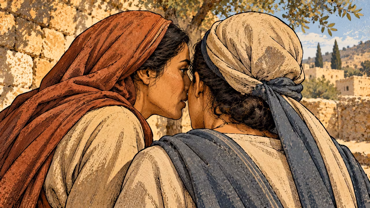 A woman leans close to whisper into another woman’s ear.