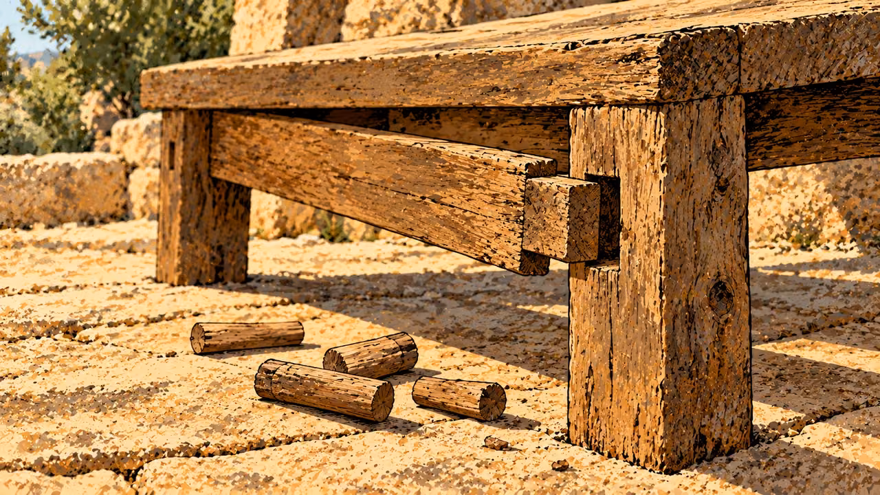 A loose wooden bench joint stands above several unused wooden pegs.