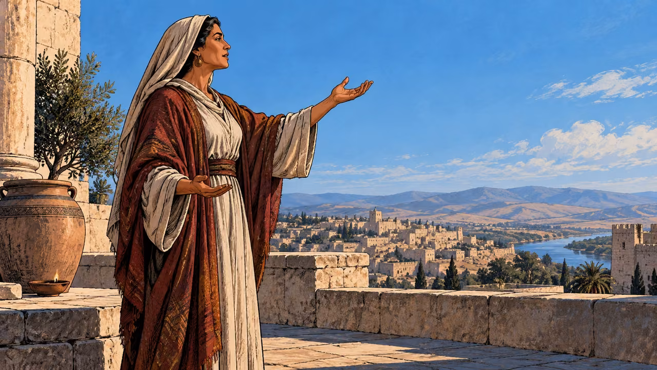 An adult woman speaks with an open hand on a broad stone terrace overlooking a town.