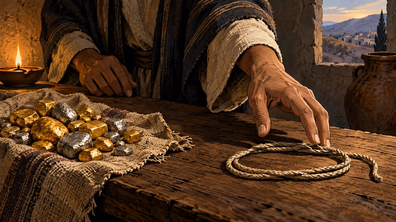 Adult hands reach toward a plain teaching cord while leaving silver and gold pieces on rough cloth.