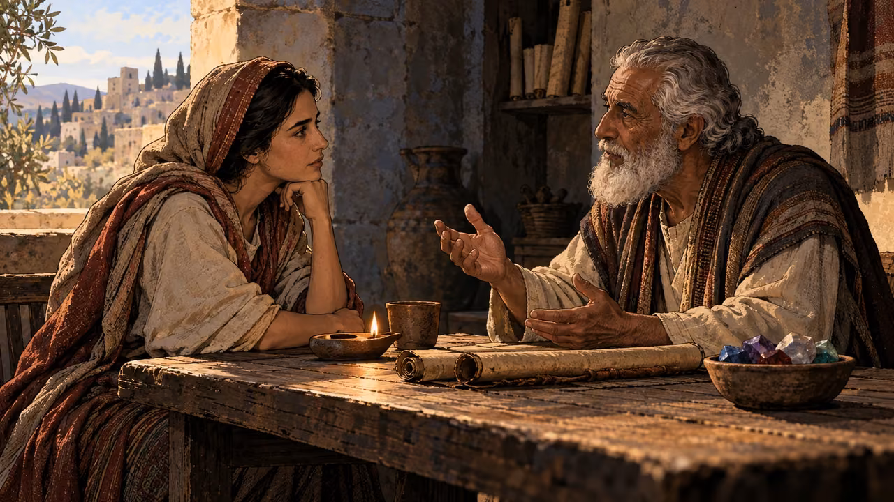 An adult learner faces an elderly teacher while colored stones rest at the table edge.