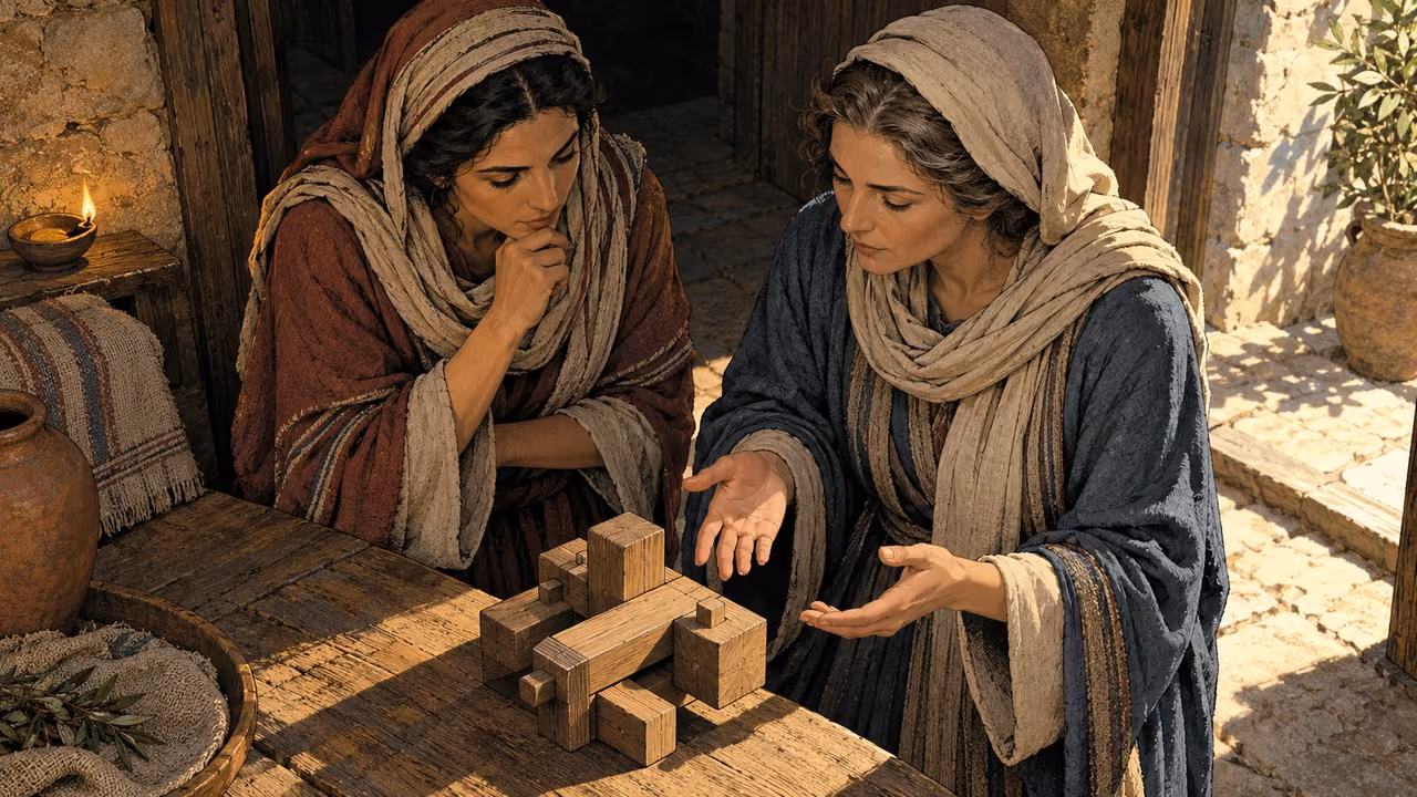 Two adult women examine interlocking wooden pieces at a shaded doorway.