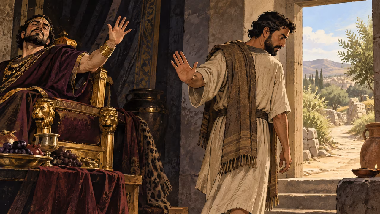 A plainly clothed adult turns away with a raised palm from a boastful adult in an ornate chair.