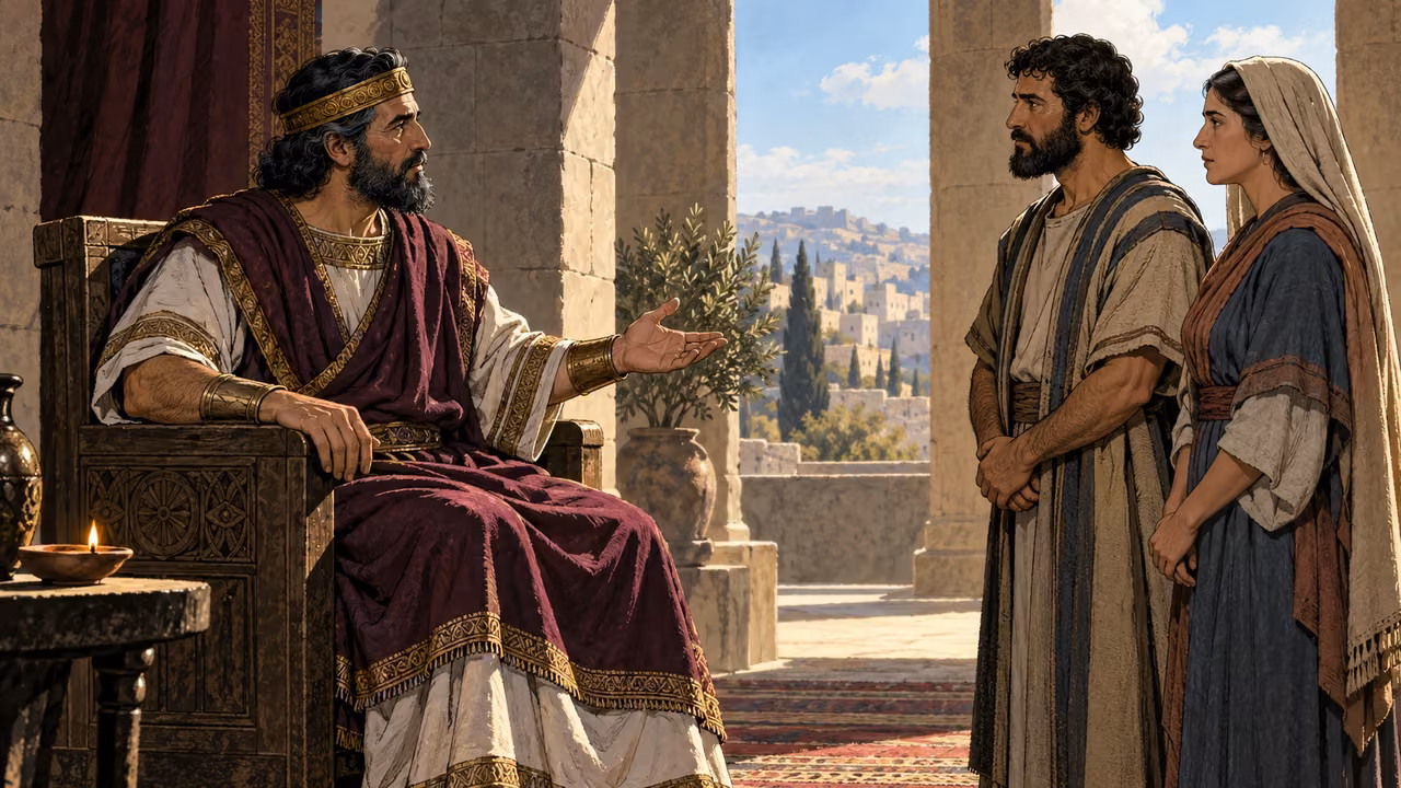 An adult ruler listens to two grown petitioners standing equally before him.