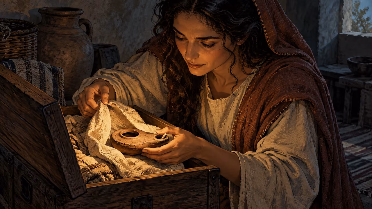 An adult learner uncovers an unlit clay lamp in a wooden chest.