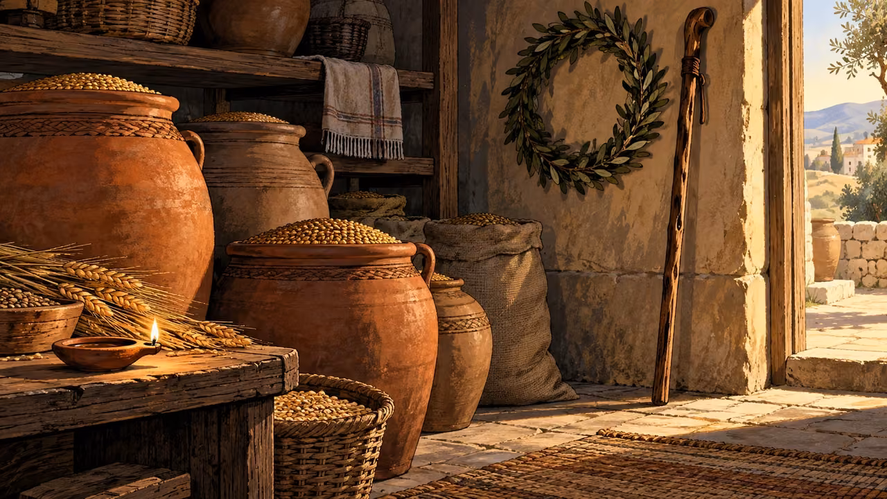 Grain jars and baskets fill a household storeroom beside a woven wreath and upright staff.
