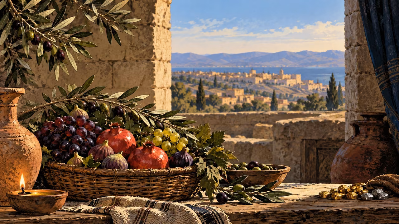 A full fruit basket and olive branch occupy the foreground while small gold and silver pieces lie farther away.