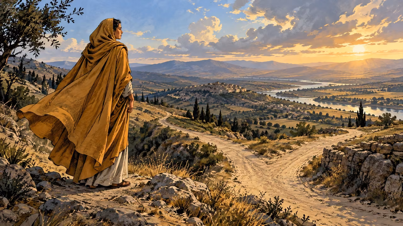 An adult woman in an ochre cloak stands above branching roads overlooking hills and a town.