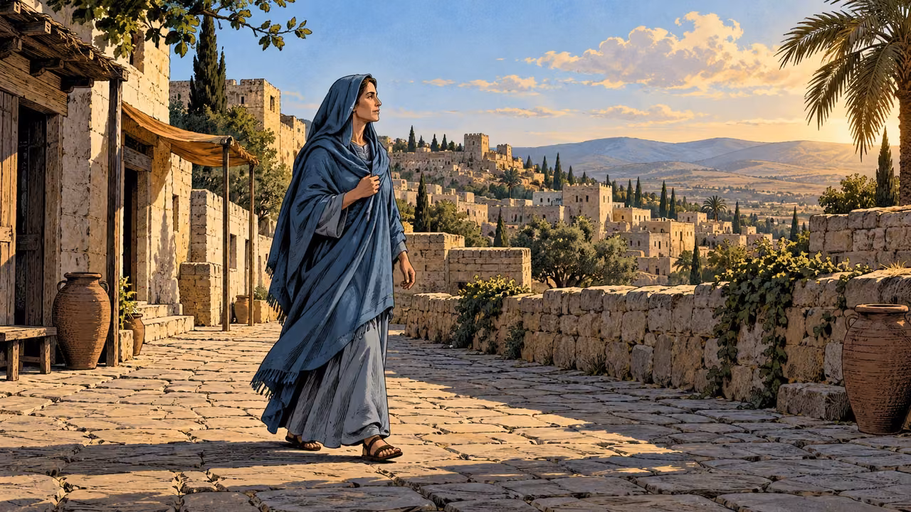 A lone adult woman in blue walks along a level stone road through a town.