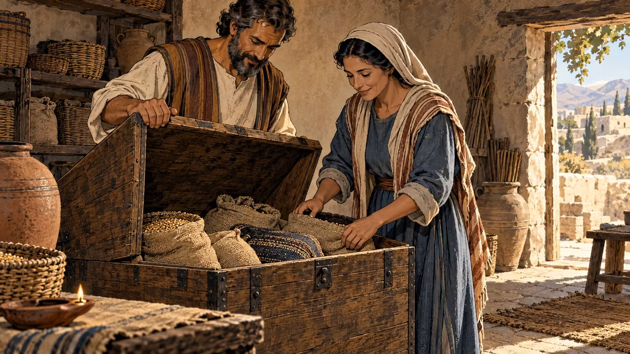 Two adults open a household chest filled with grain sacks and woven goods.