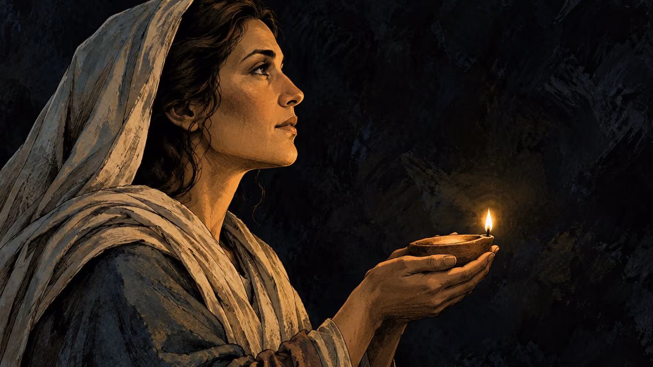 An adult woman in profile holds a plain clay lamp against a dark painterly field.