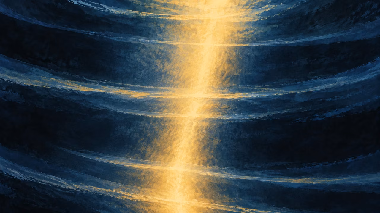 A vertical thread of warm light crosses layered dark blue bands.