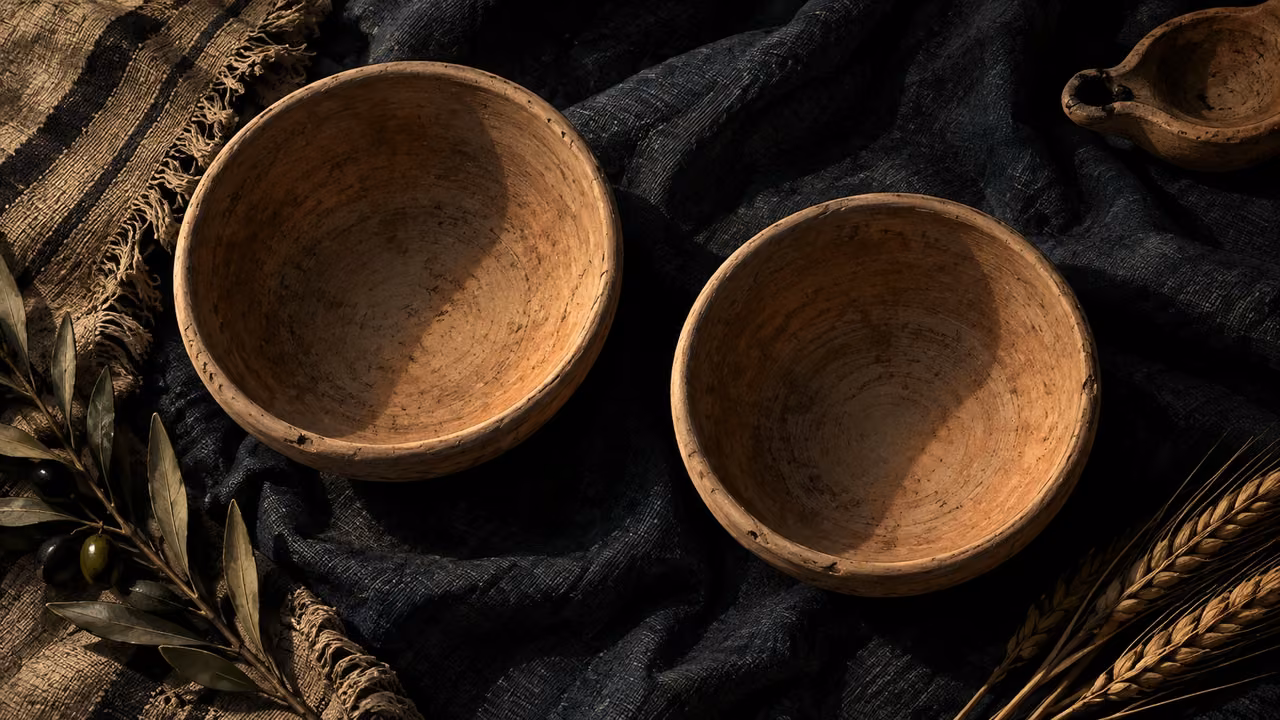 Two empty clay bowls with dry interiors rest on dark cloth.