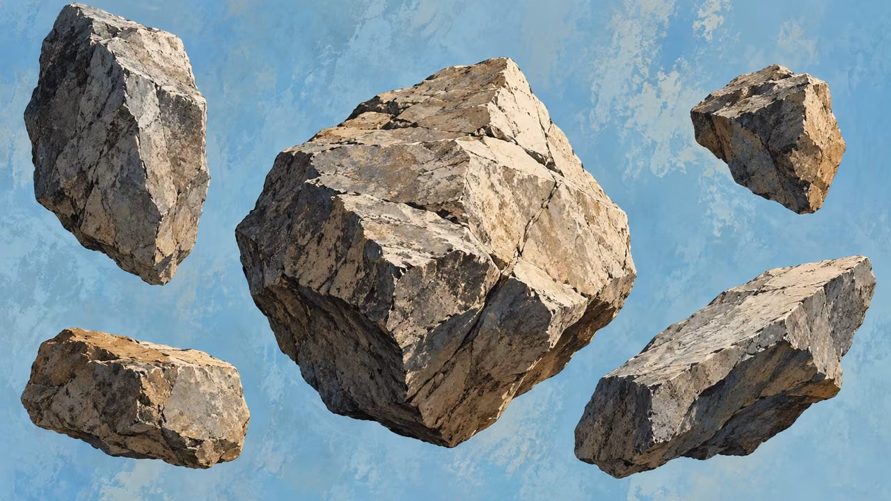 Separate rough stone forms are suspended against an abstract pale blue field.