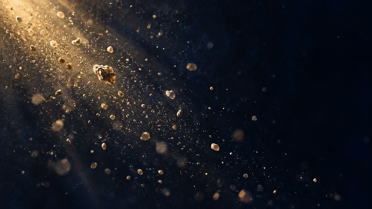 Dust particles float against deep indigo space with warm side lighting.