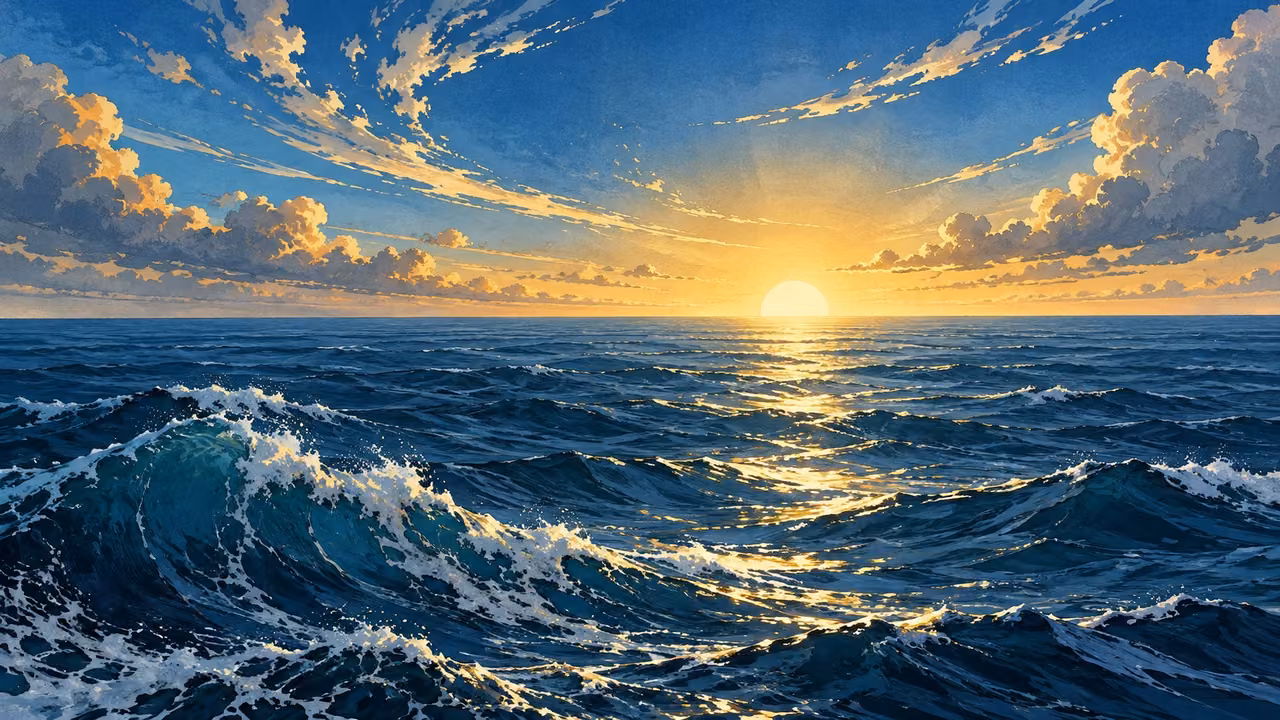 Open blue sea stretches to a clear horizon beneath a broad sky and sunrise.