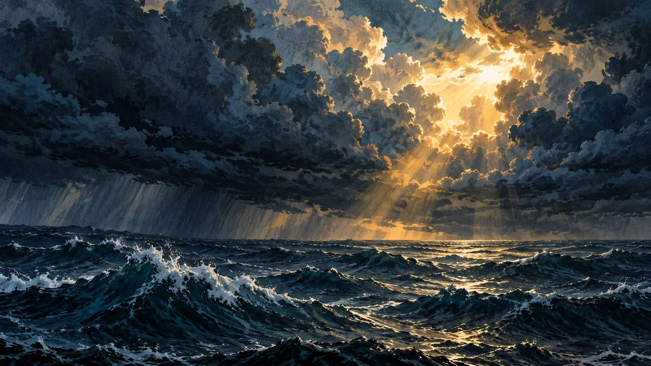 Layered storm clouds and rain hang above a dark open sea.