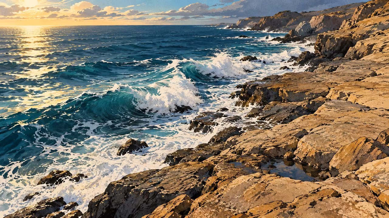 Waves meet a bare rocky shore along a diagonal boundary between sea and land.