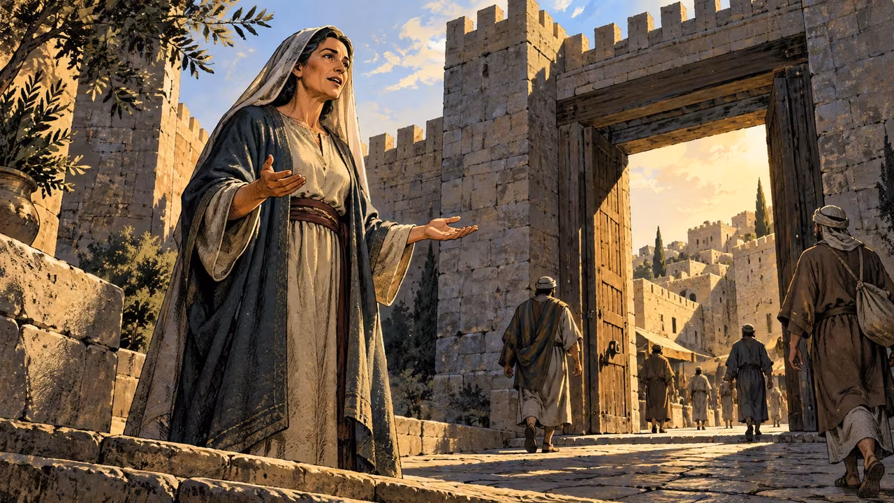 An adult woman speaks beside a stone city gate as grown people pass beyond her.