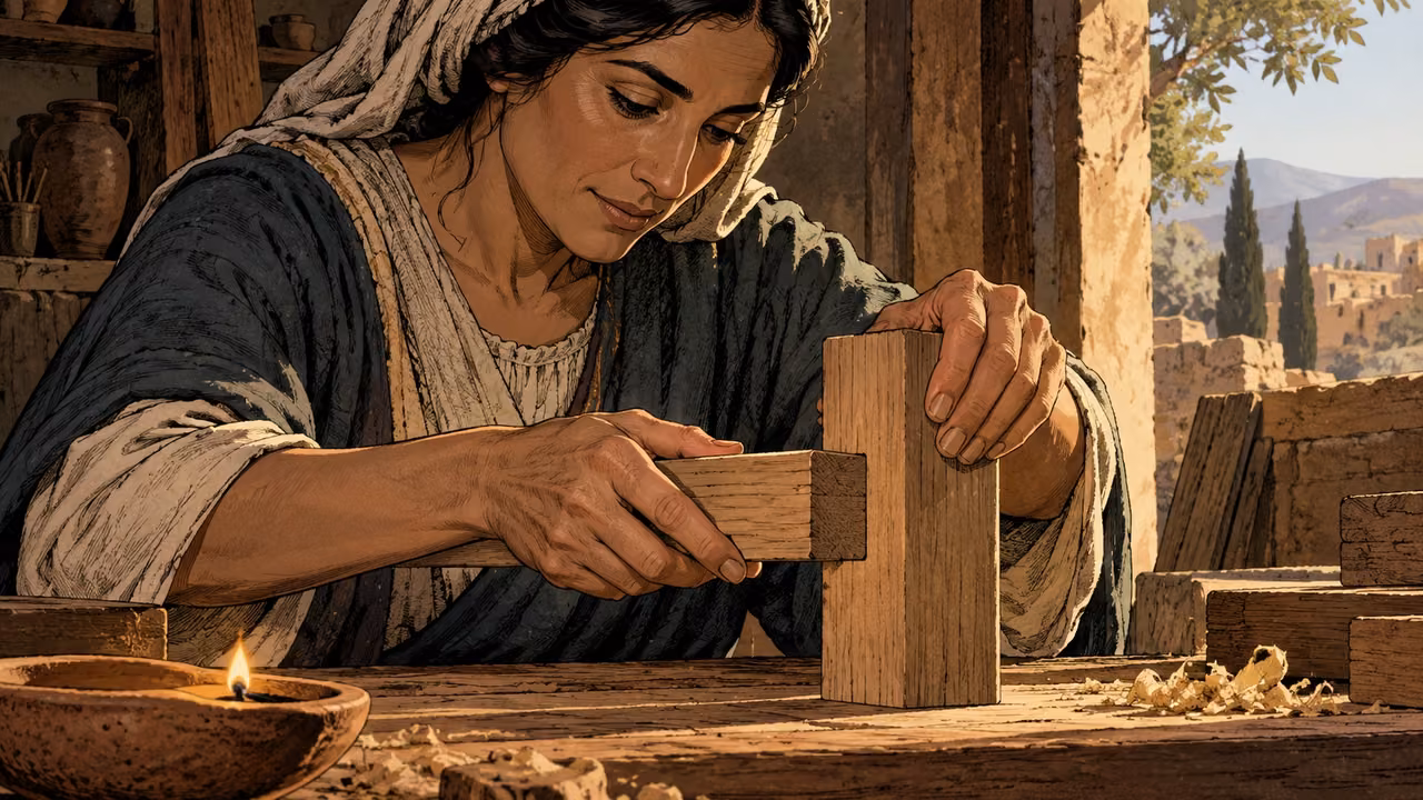 An adult woman fits a horizontal timber into upright wooden joinery at a workshop table.