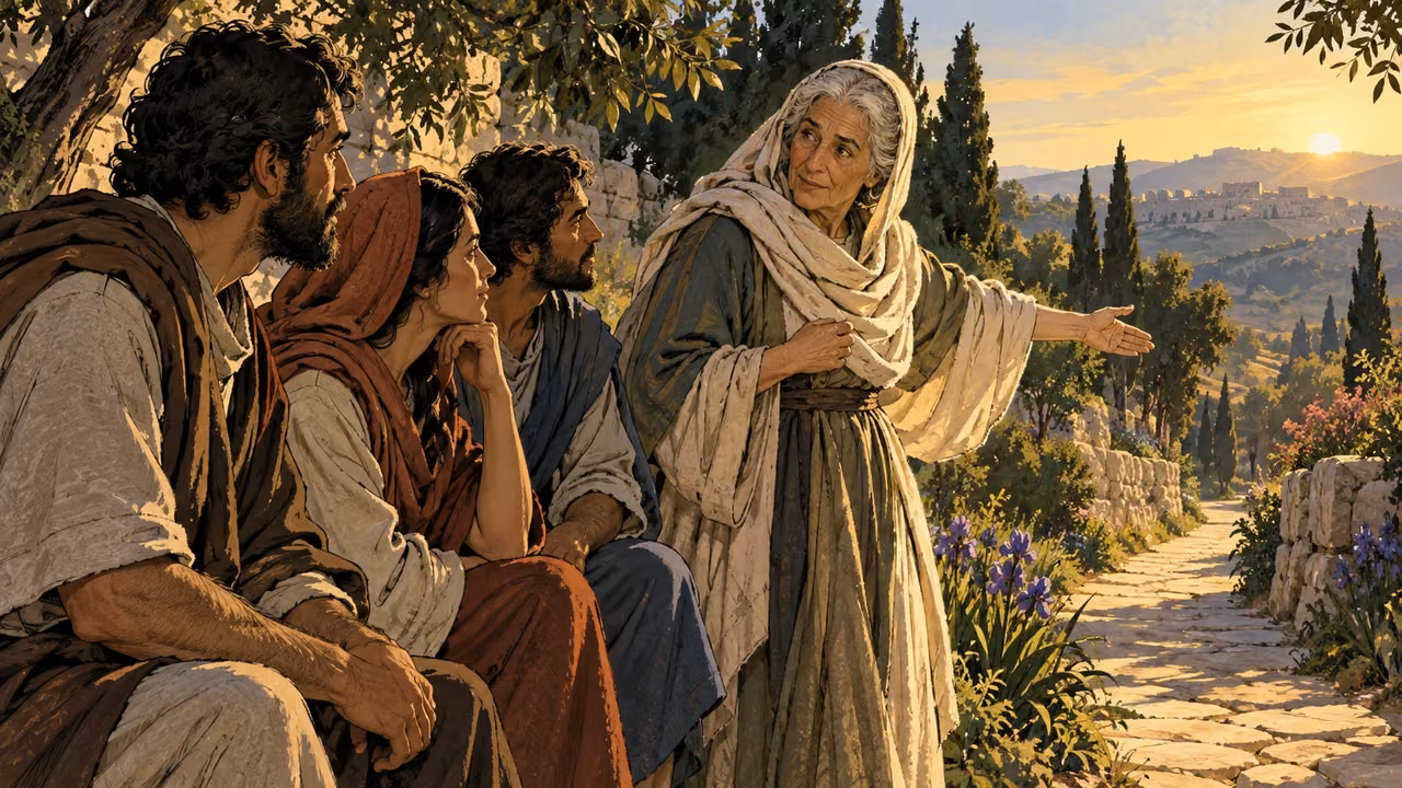 An elderly woman points along a stone garden path while three grown learners attend.