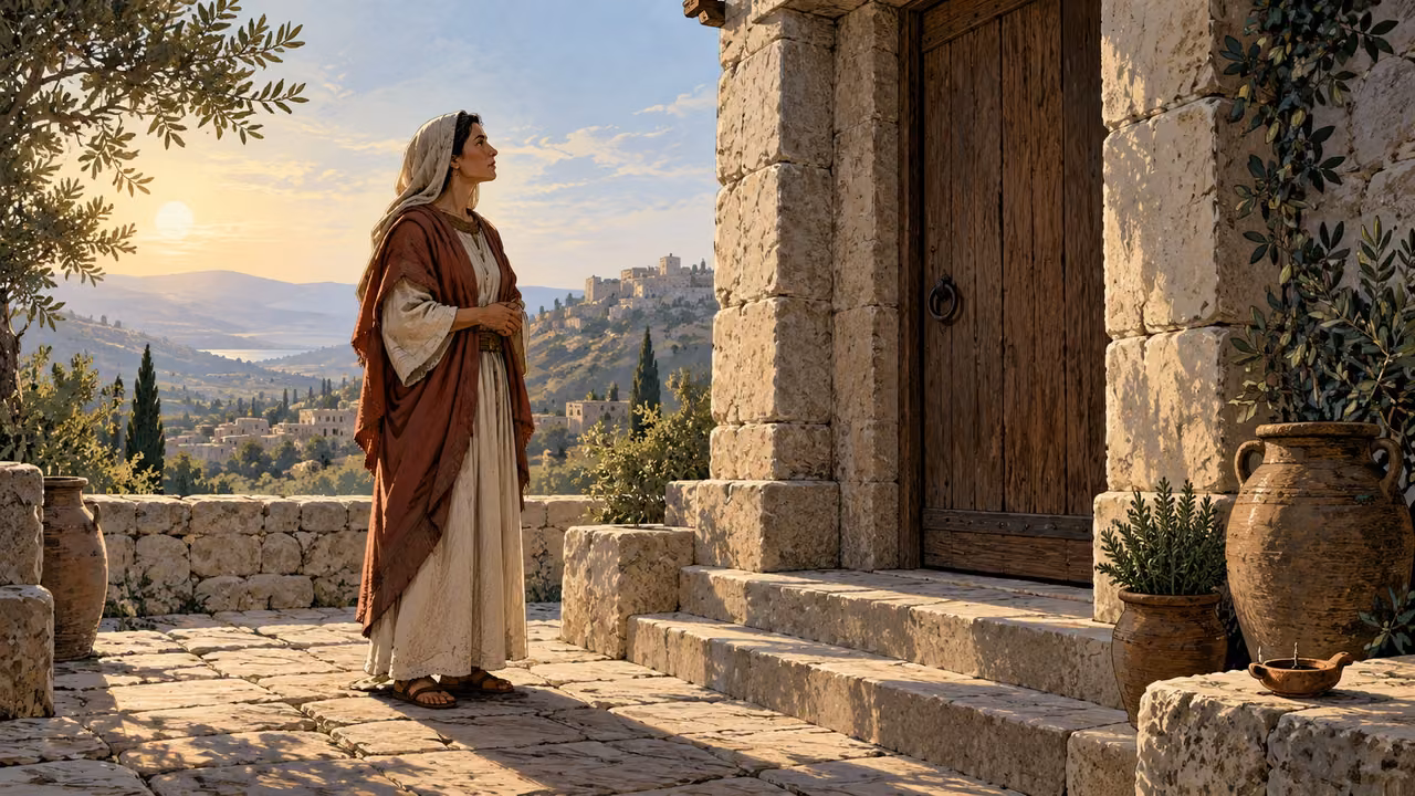 An adult woman waits attentively beside a closed wooden doorway and stone posts.