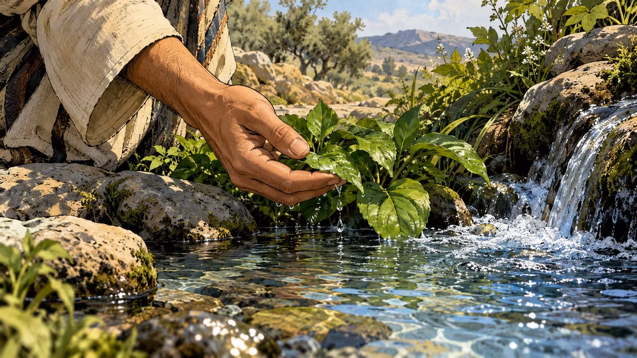 An adult hand cups fresh green leaves beside clear flowing water.