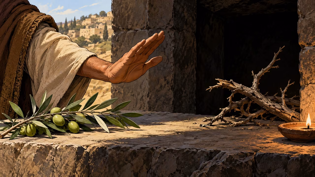 An adult hand turns away above a living olive branch toward dry broken branches in shadow.