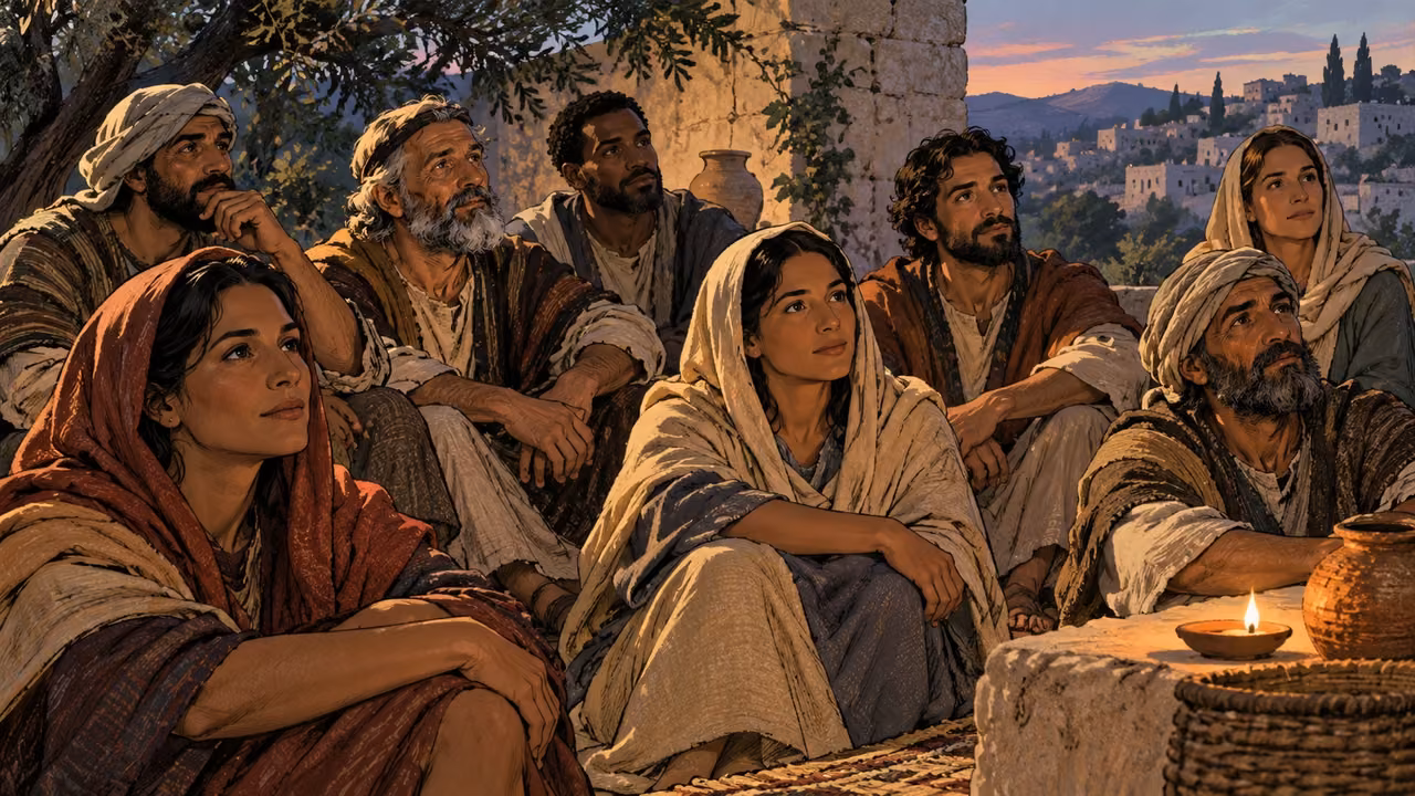 A group of adult men and women listen attentively in a shaded gathering.