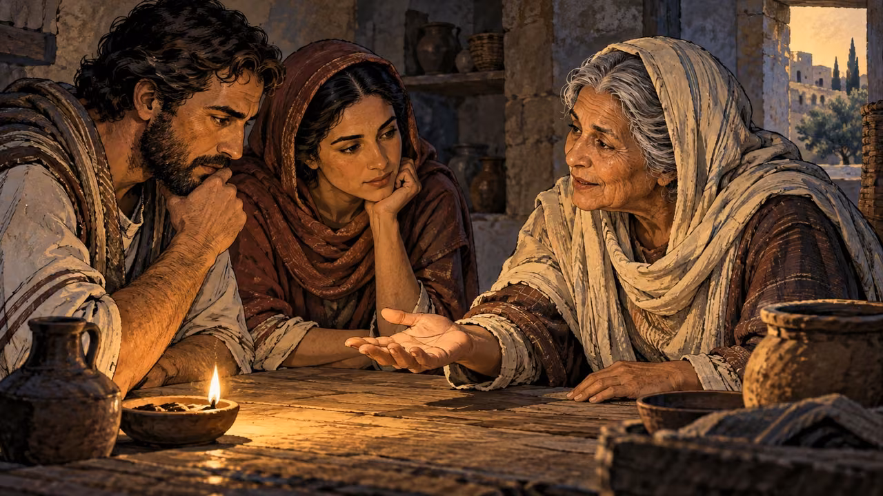 Two grown learners attend an elderly woman’s open hand at a workshop table.