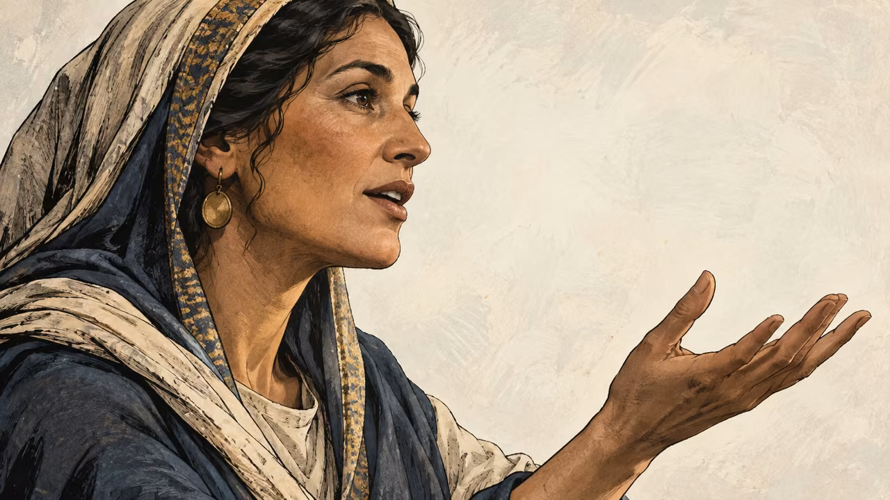 An adult woman speaks with an open hand in close profile.
