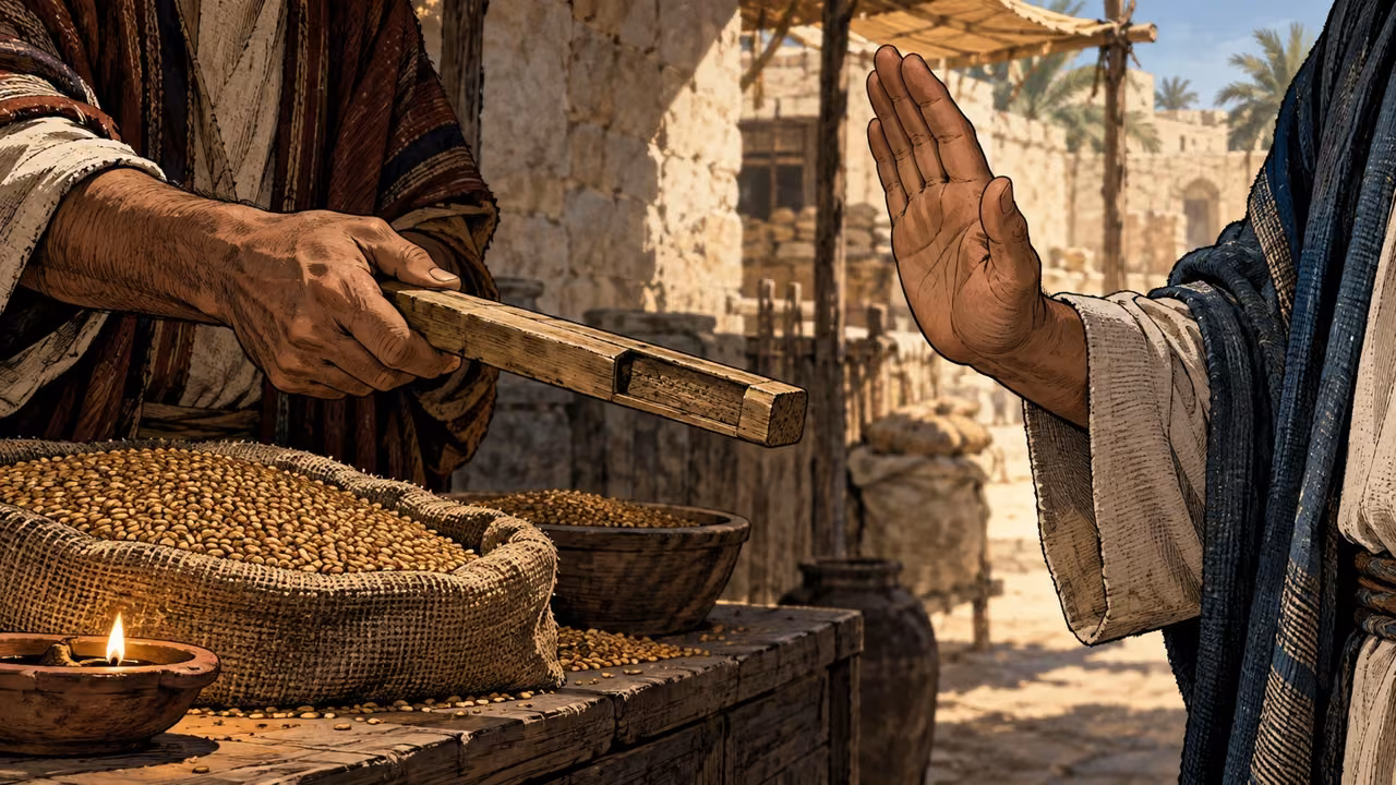 Adult hands offer a wooden measure with a concealed hollow while another adult raises a refusing palm beside grain sacks.