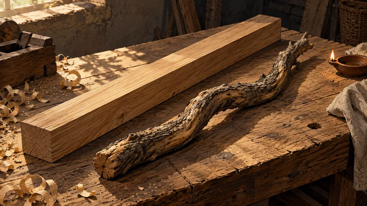 A straight wooden beam lies beside a warped branch on a workbench.