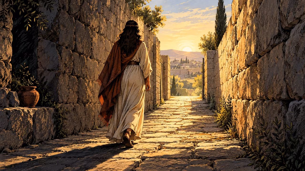 An adult woman looks along a clear stone path between walls toward daylight.