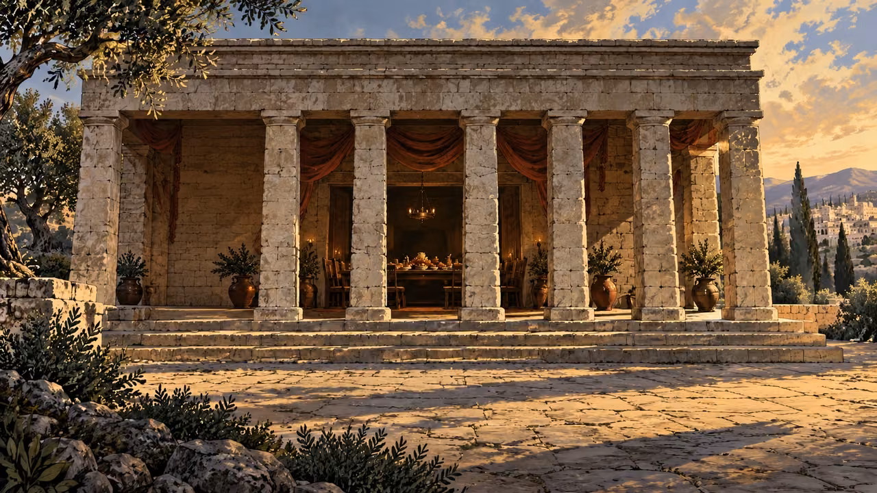 An empty stone house has seven clearly separated hewn pillars across its frontal portico.