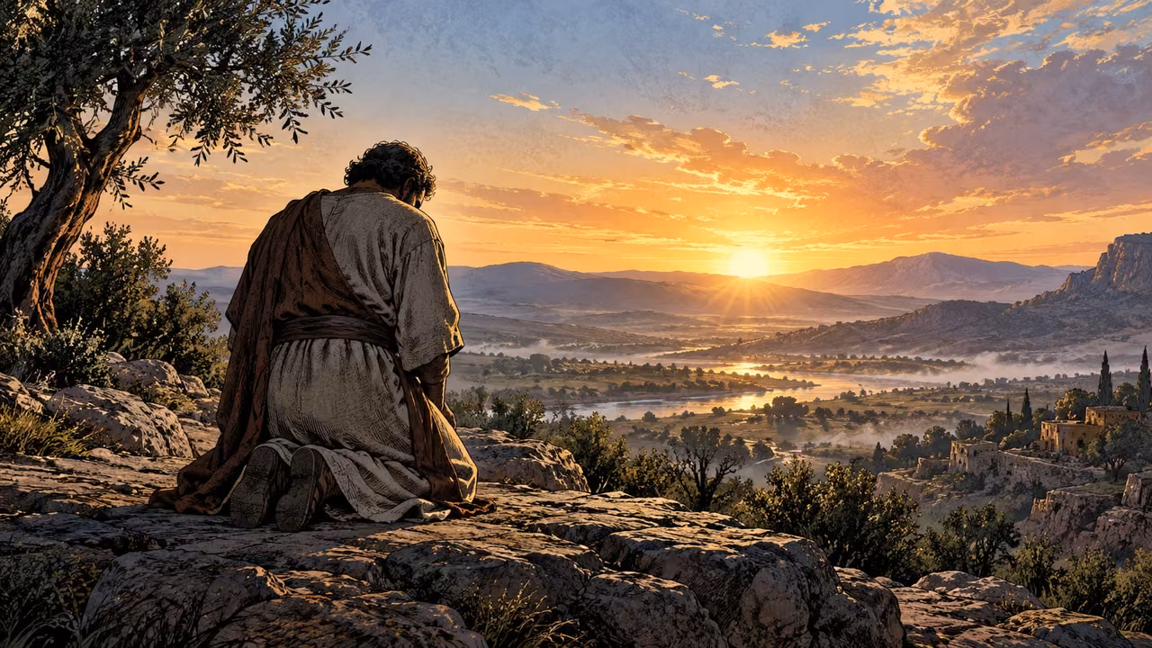 A clothed adult kneels with bowed head facing an open dawn landscape.