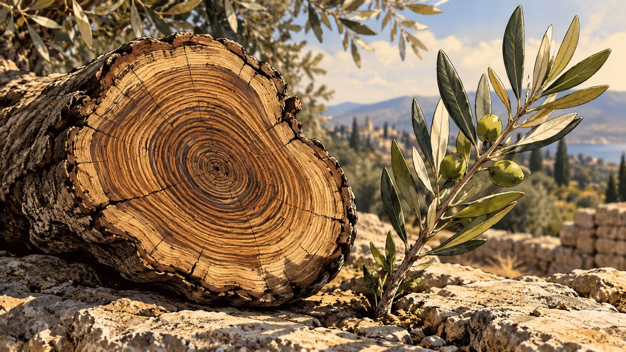 Natural wood growth rings and a living olive shoot rest on stone.