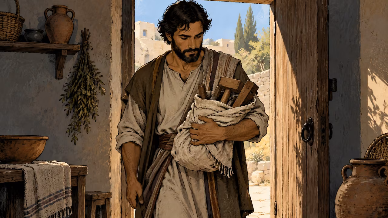A lone mature adult carries wrapped plain work tools, including a wooden mallet, through a doorway.